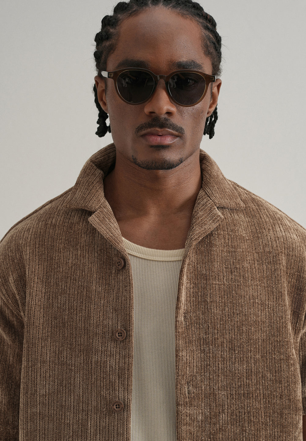 Brown Suede Knit Cuban Collar Shirt