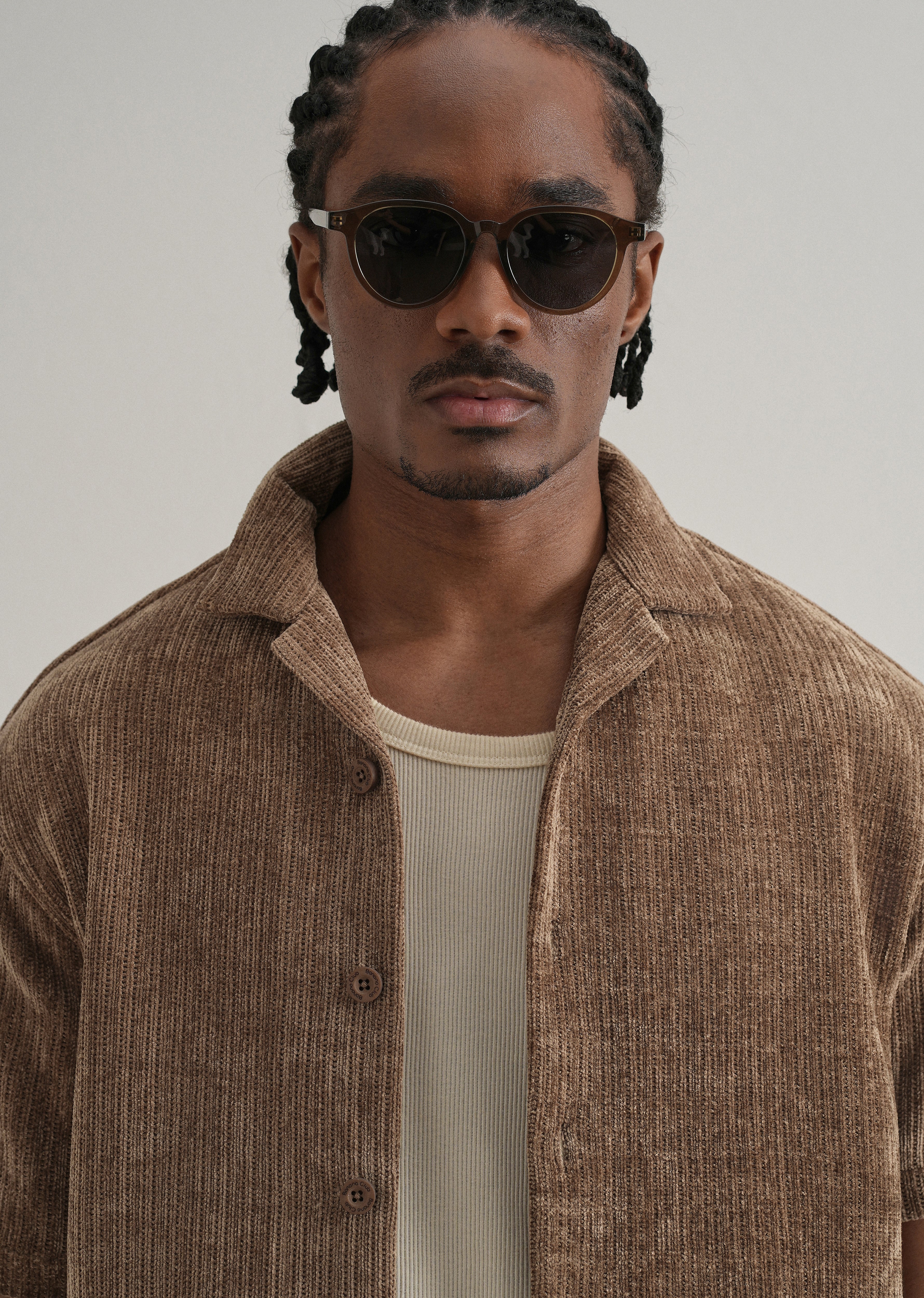Brown Suede Knit Cuban Collar Shirt