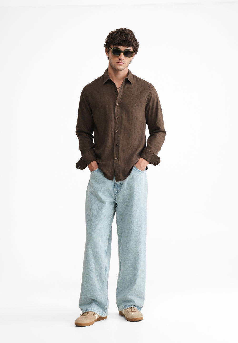Brown Lyocell Cotton Self-Stripe Shirt