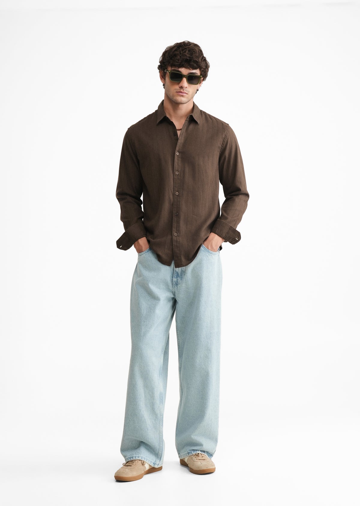 Brown Lyocell Cotton Self-Stripe Shirt