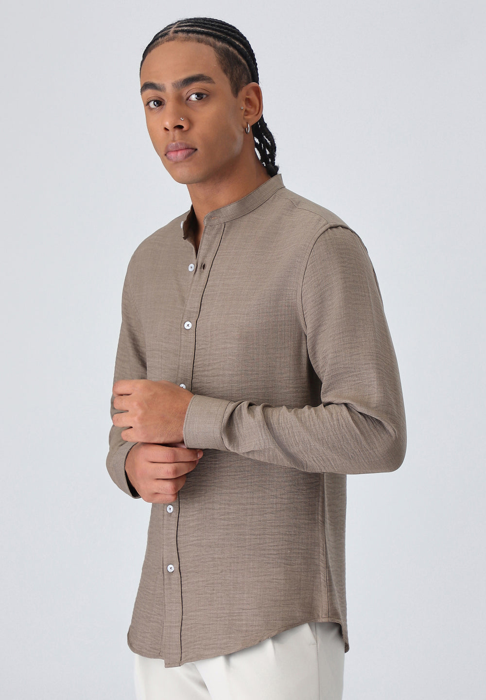 Light Brown Plain Mandarin Collar Shirt