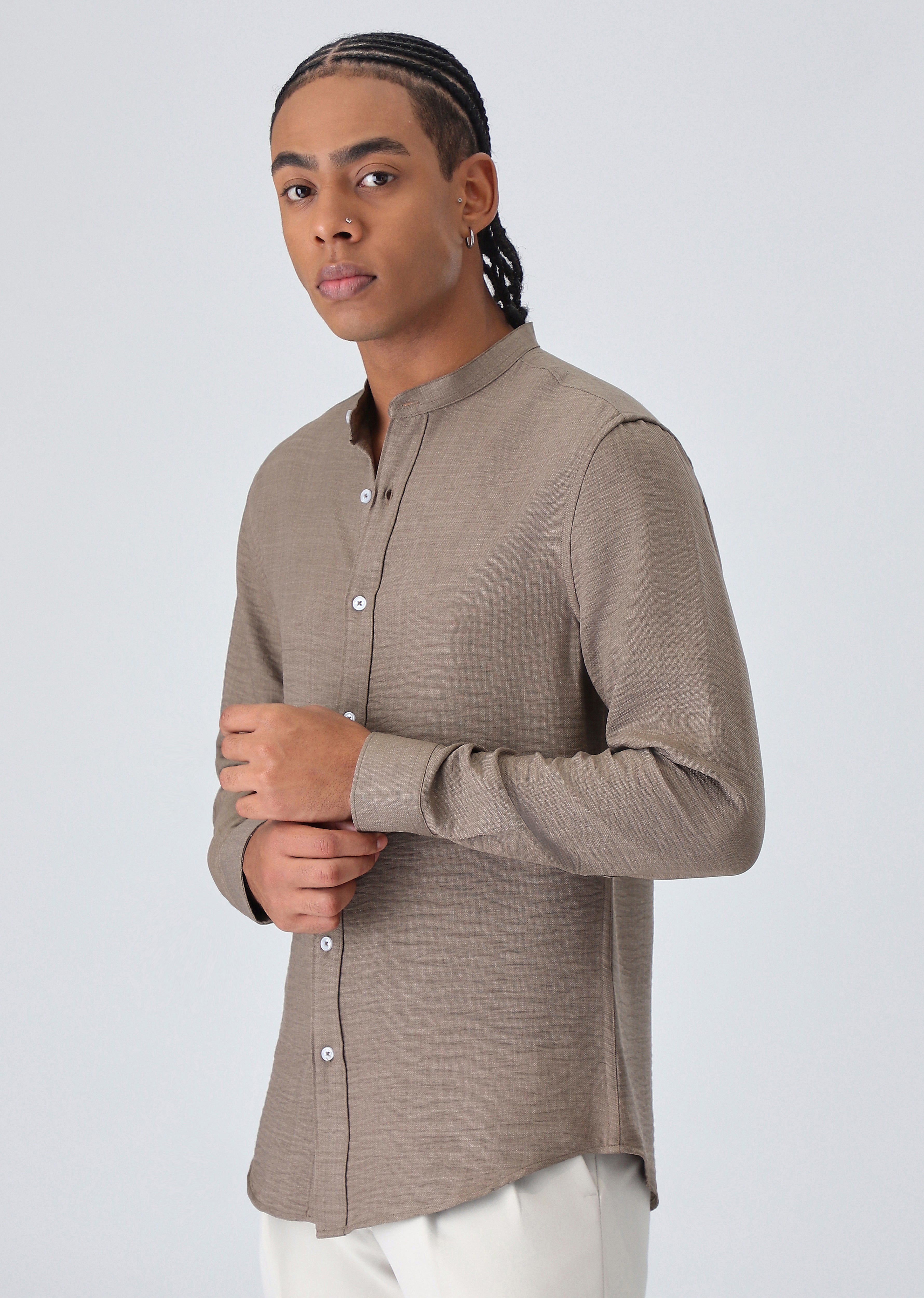 Brown Plain Mandarin Collar Shirt