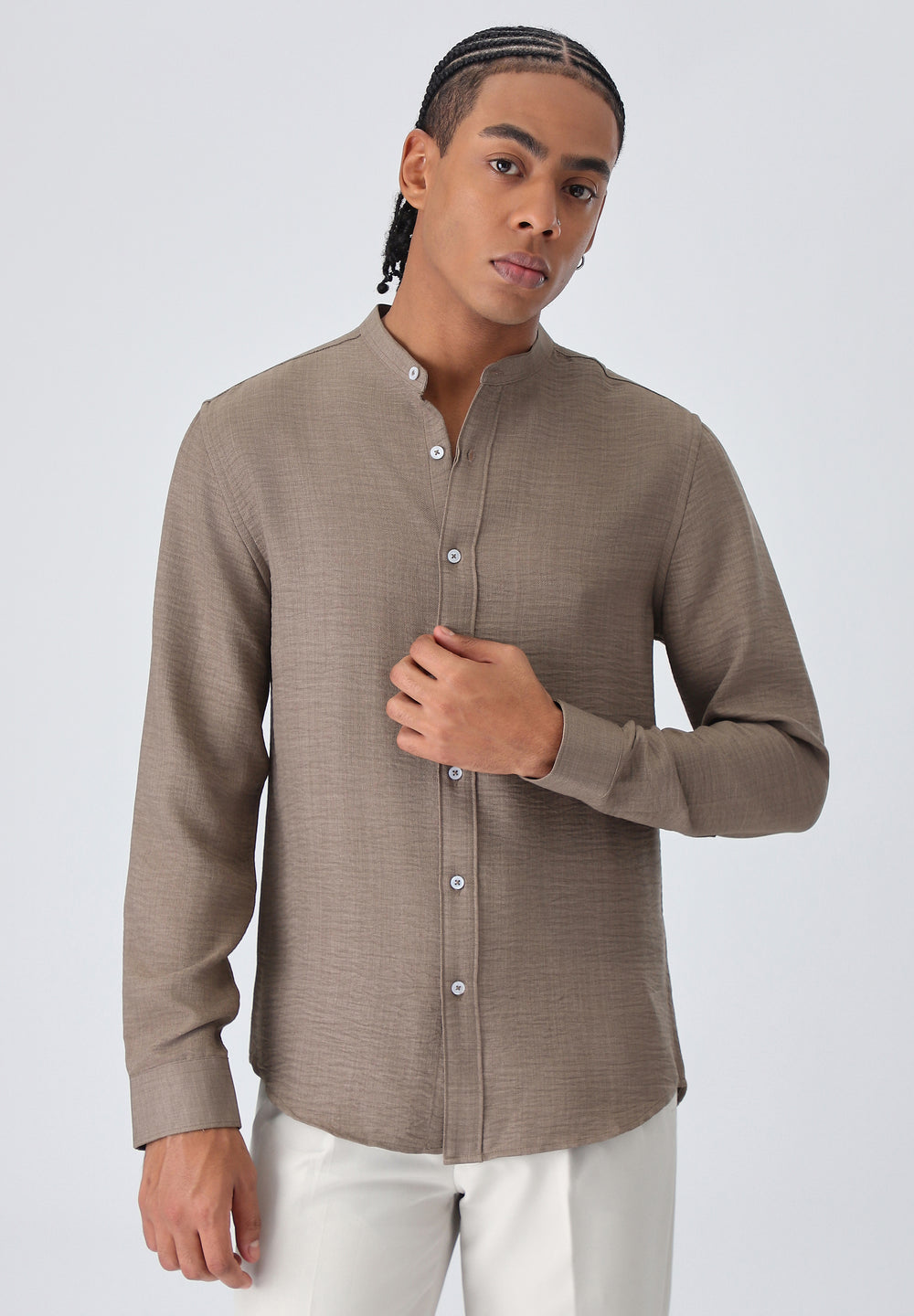 Light Brown Plain Mandarin Collar Shirt