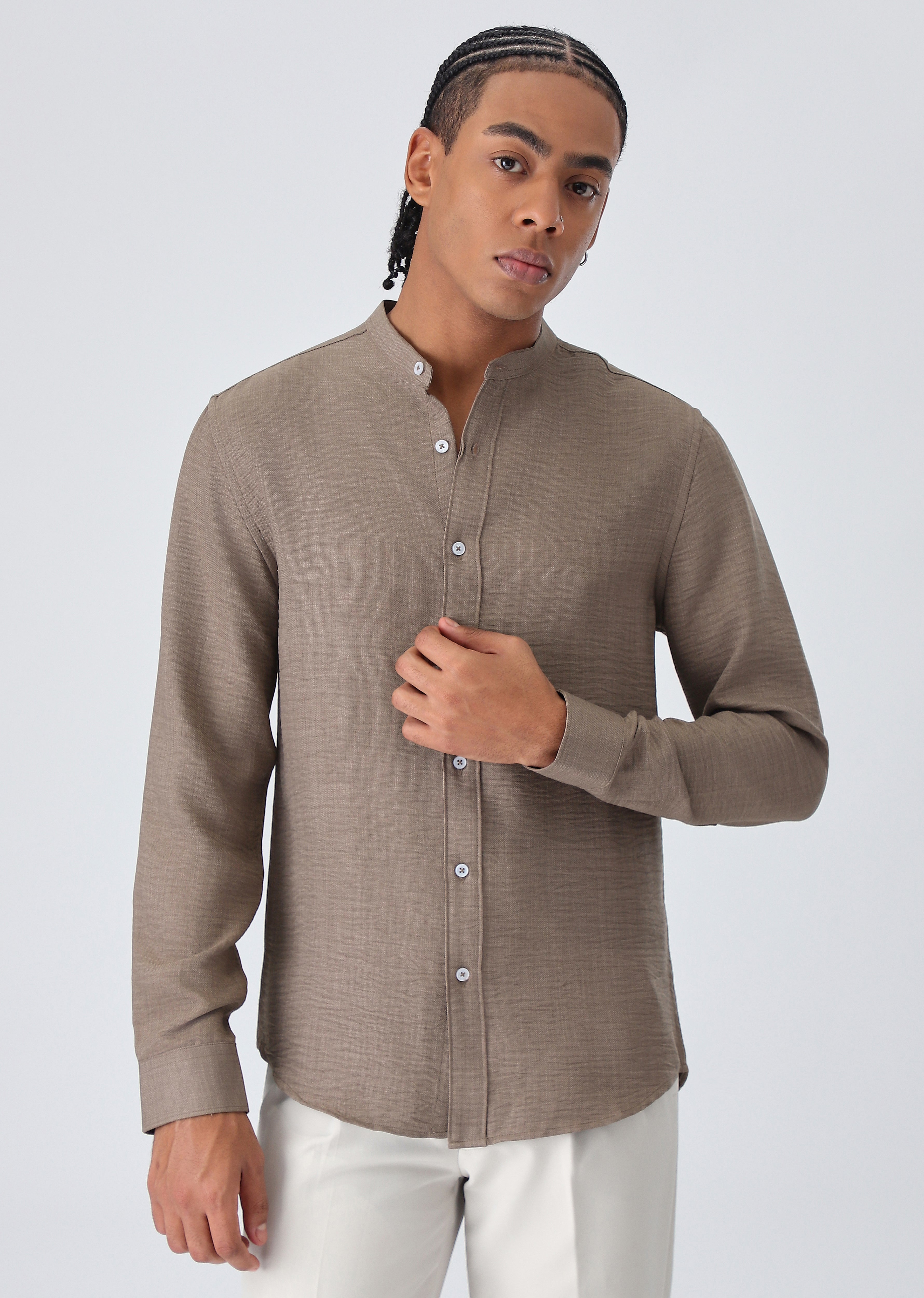 Brown Plain Mandarin Collar Shirt