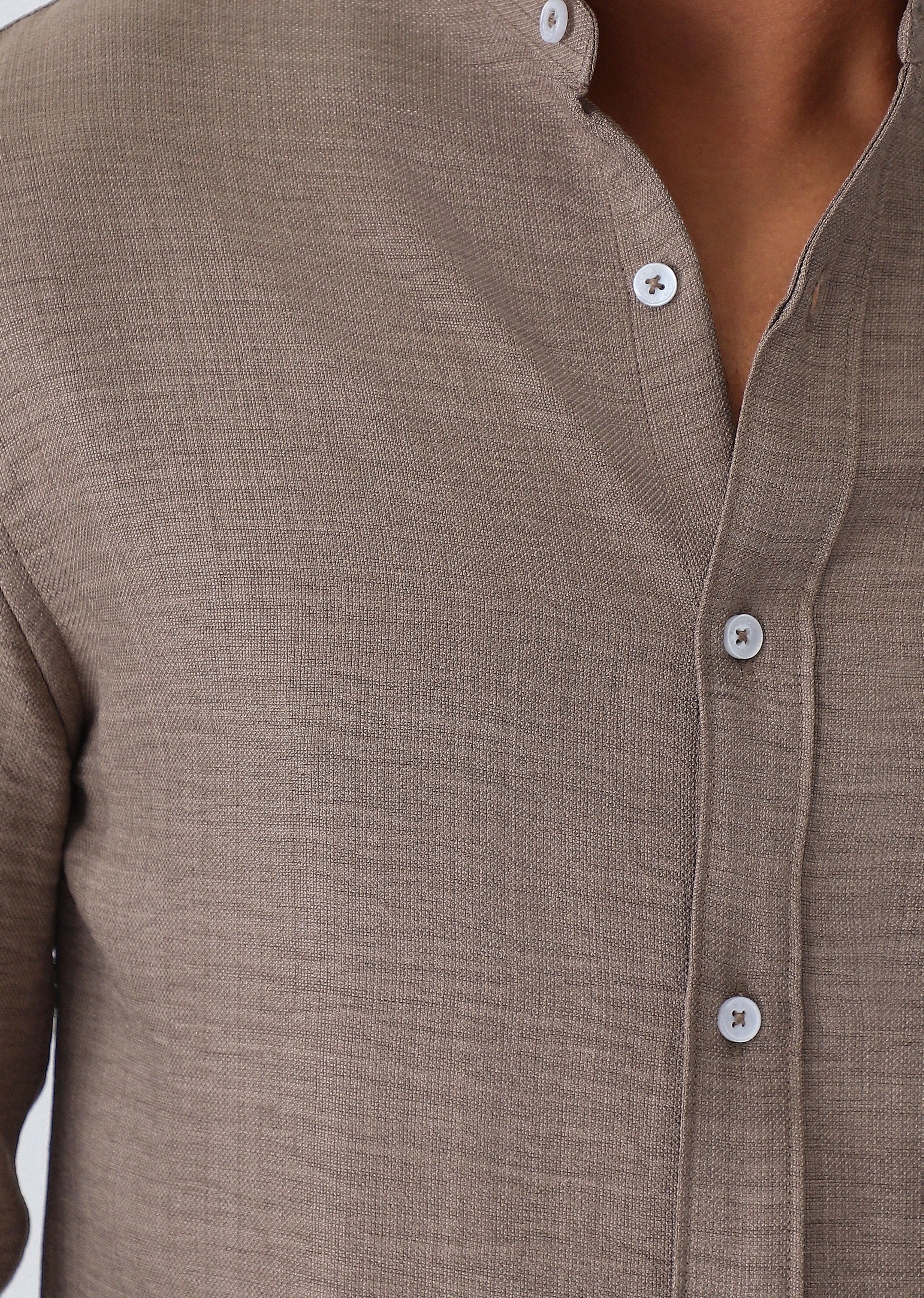 Brown Plain Mandarin Collar Shirt