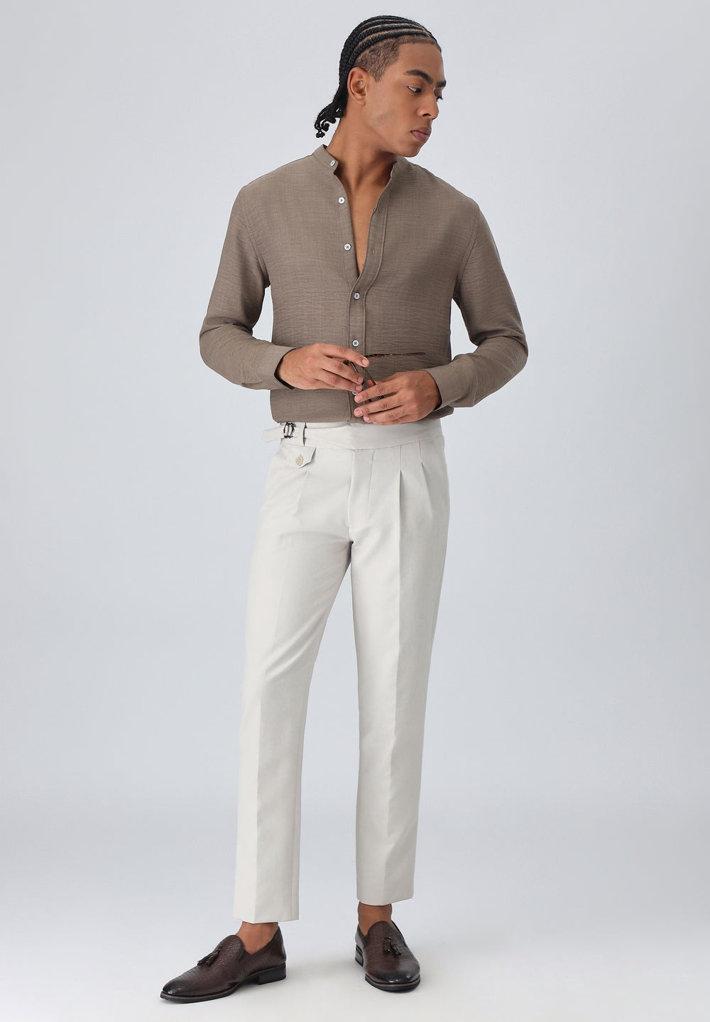 Light Brown Plain Mandarin Collar Shirt