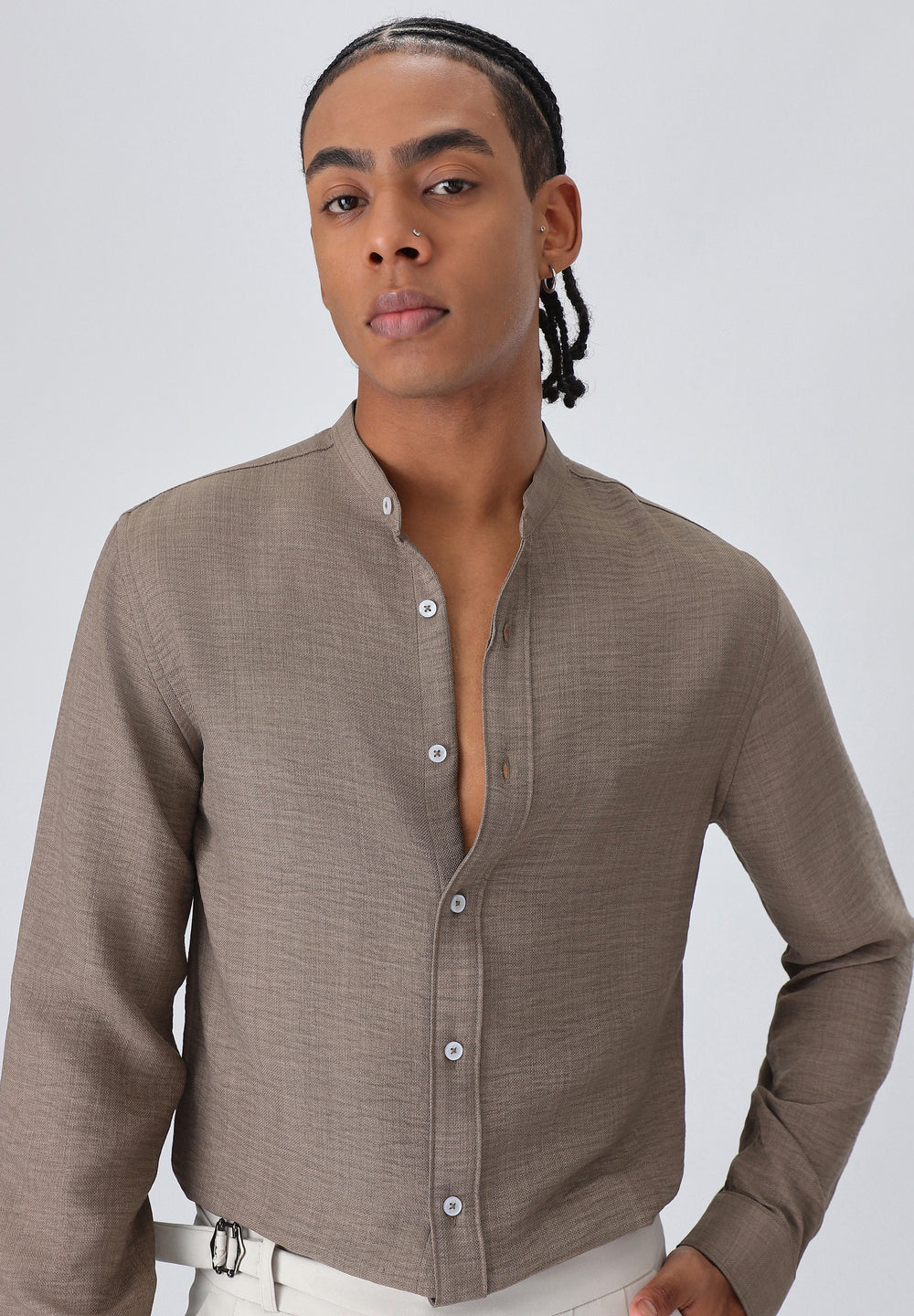 Light Brown Plain Mandarin Collar Shirt