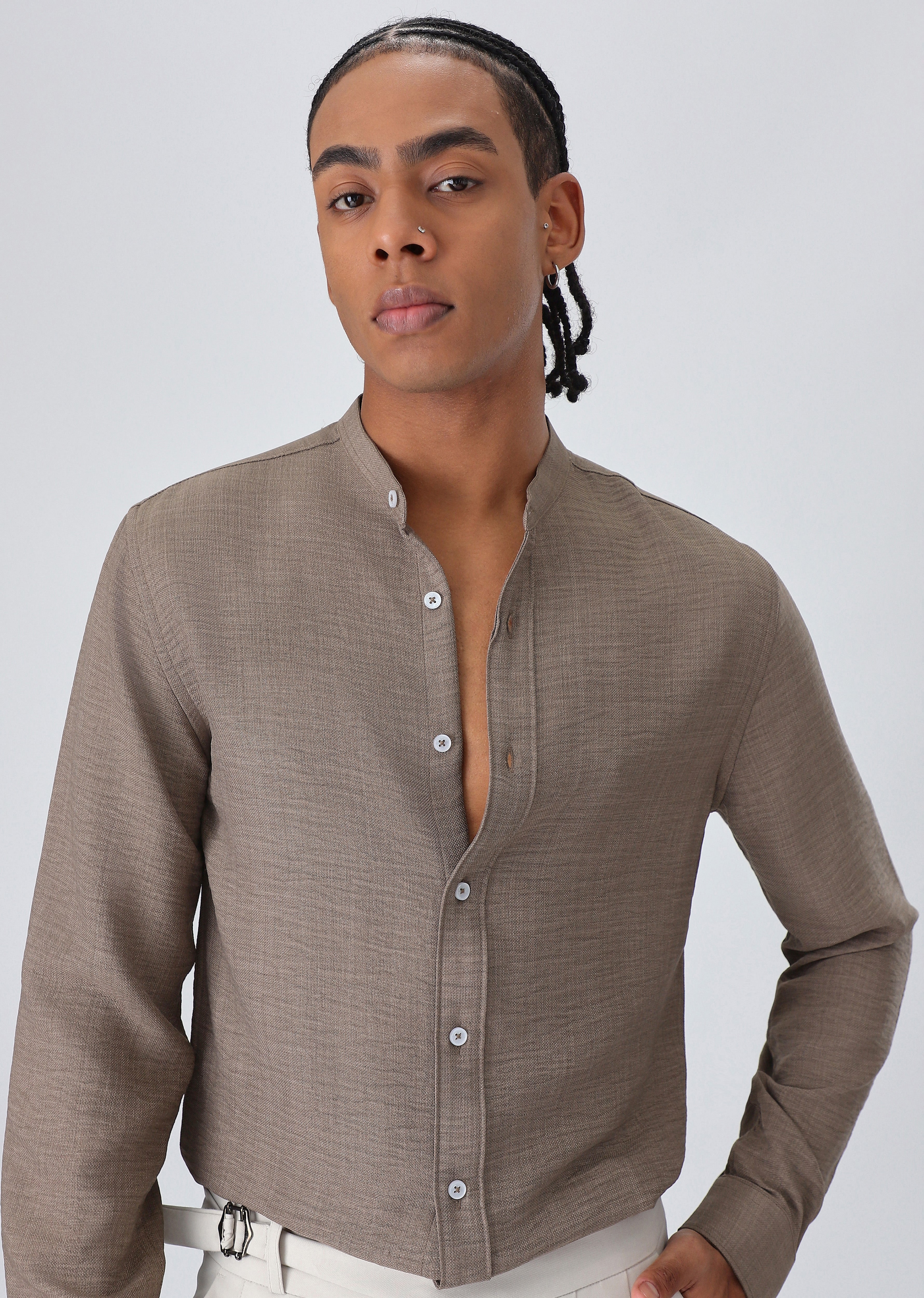 Brown Plain Mandarin Collar Shirt