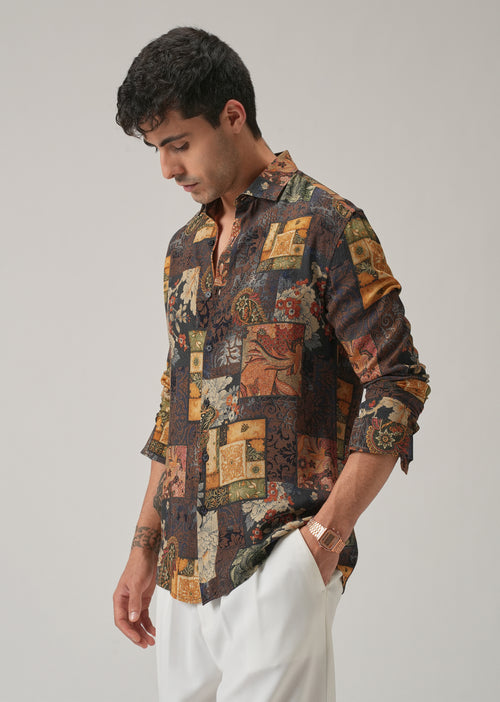 Brown Mosaic Print Feather Shirt