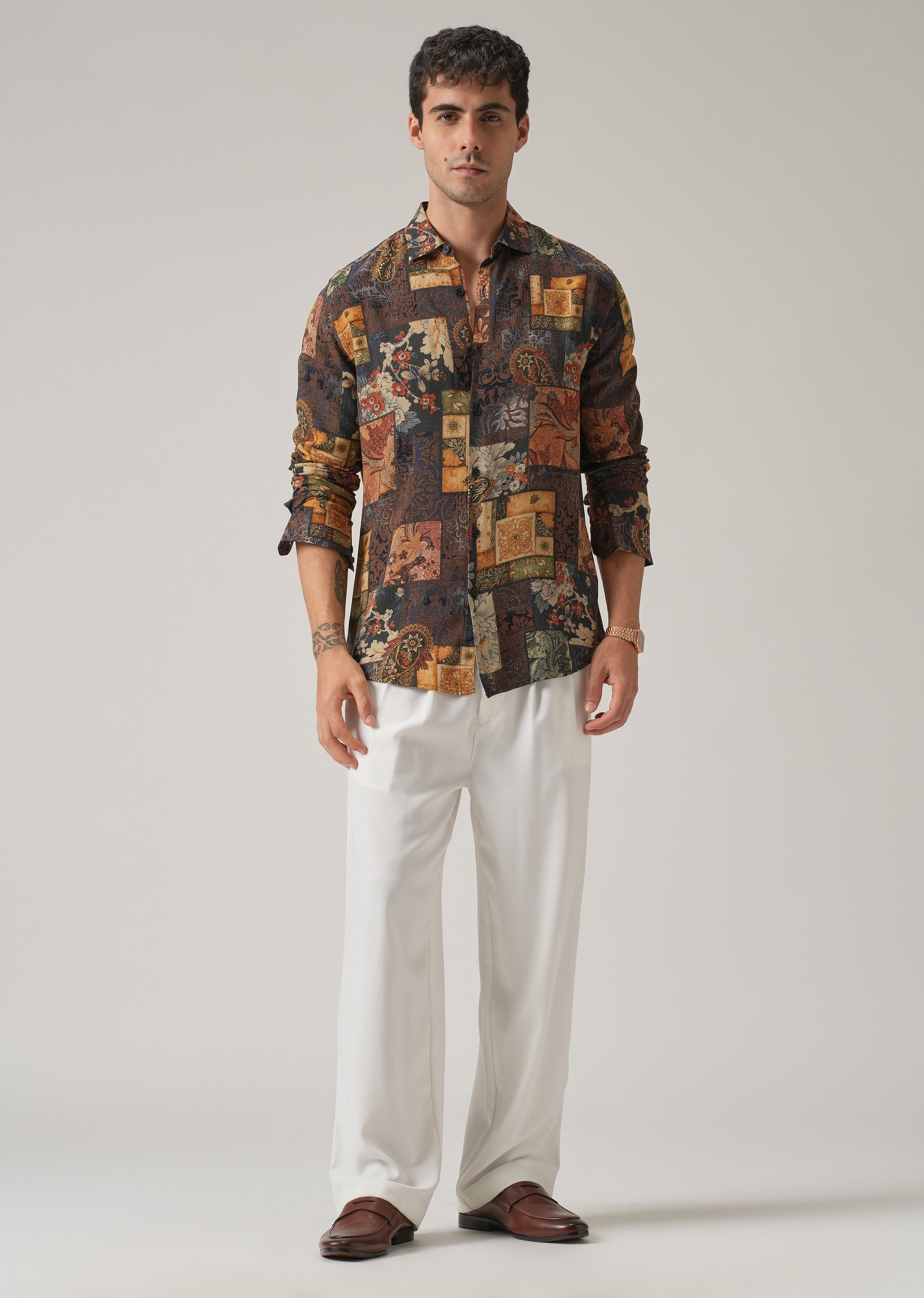 Brown Mosaic Print Feather Shirt