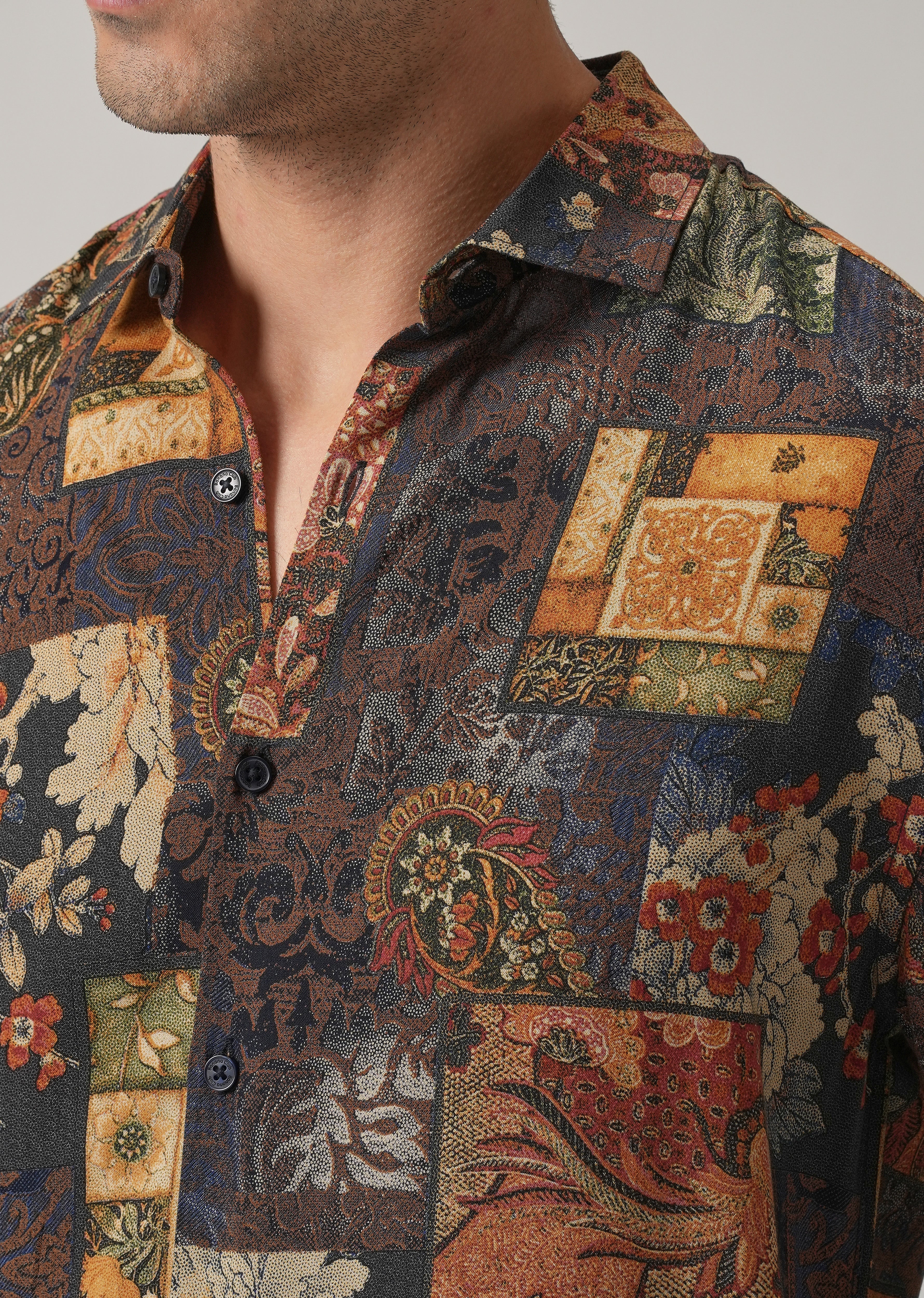 Brown Mosaic Print Feather Shirt