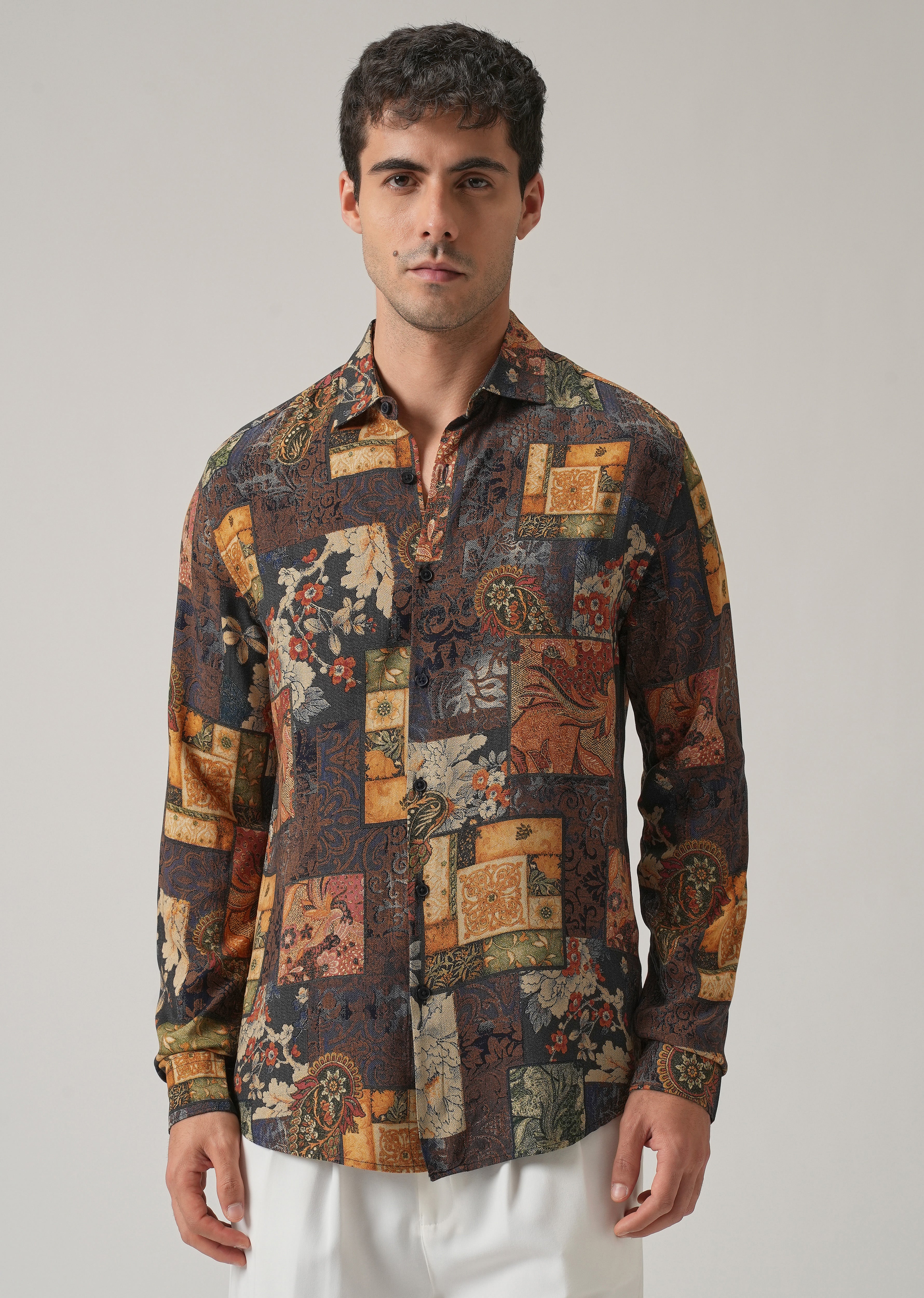 Brown Mosaic Print Feather Shirt