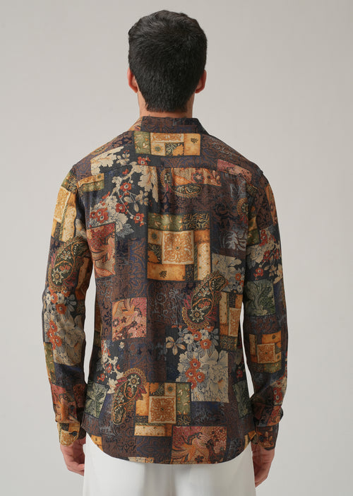 Brown Mosaic Print Feather Shirt