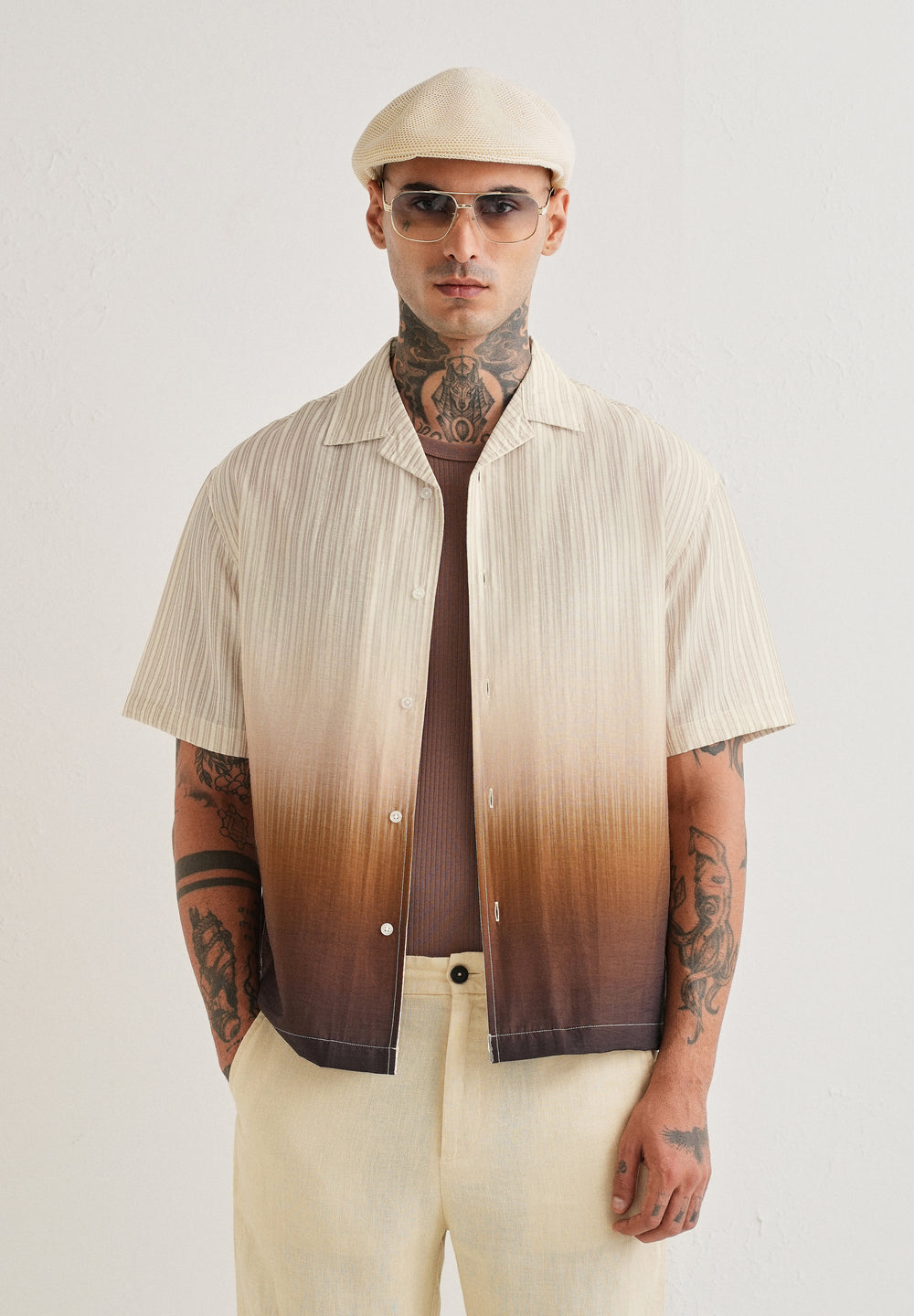 Brown Ombre Stripe Placement Print Shirt