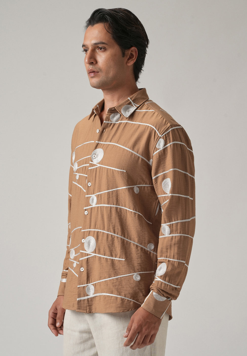 Brown Orb and Line Embroidery Shirt