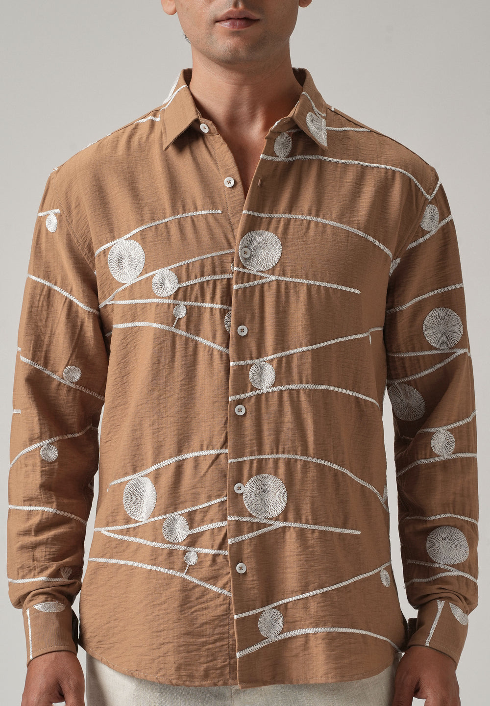 Brown Orb and Line Embroidery Shirt