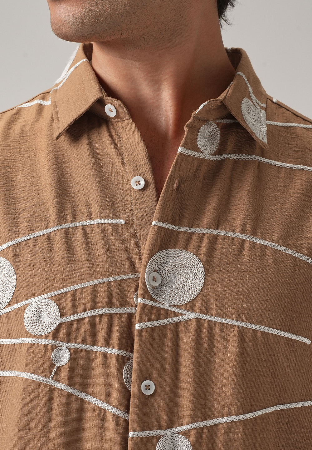 Brown Orb and Line Embroidery Shirt