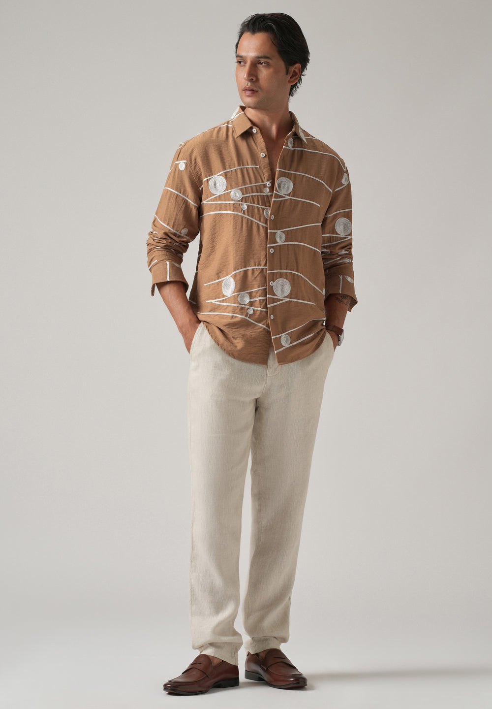 Brown Orb and Line Embroidery Shirt