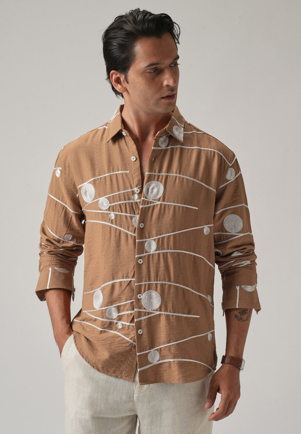 Brown Orb and Line Embroidery Shirt