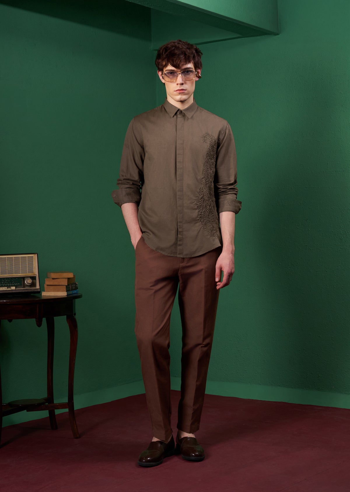 Brown Paisley Embroidered Linen Shirt