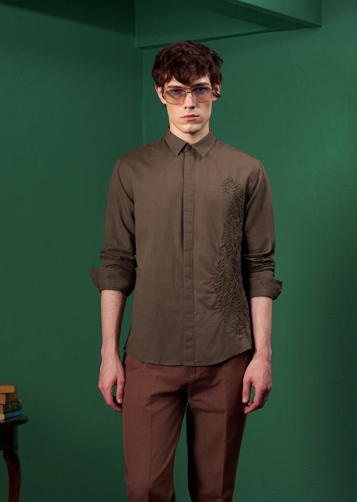 Brown Paisley Embroidered Linen Shirt