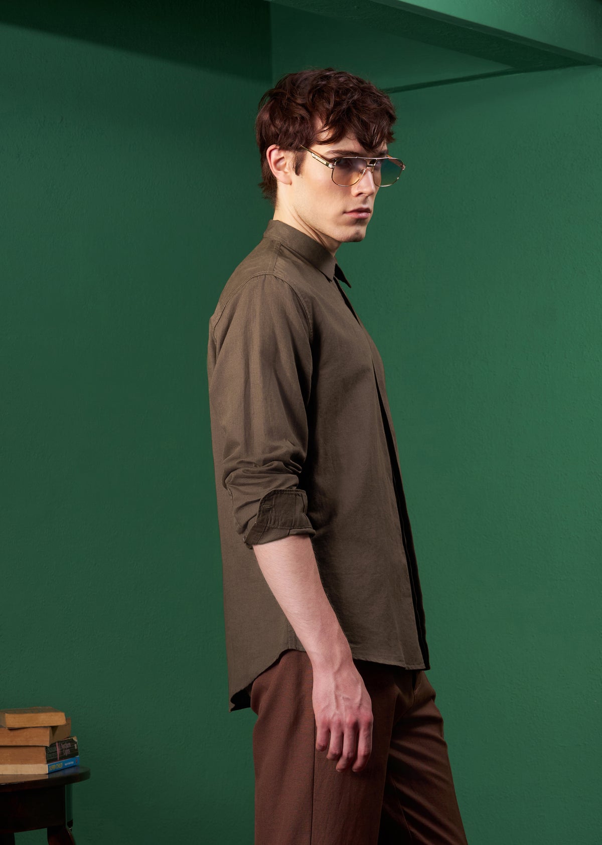 Brown Paisley Embroidered Linen Shirt