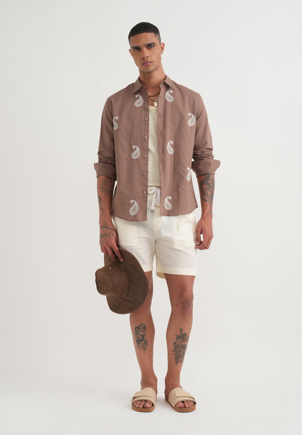 Brown Paisley Embroidery Shirt