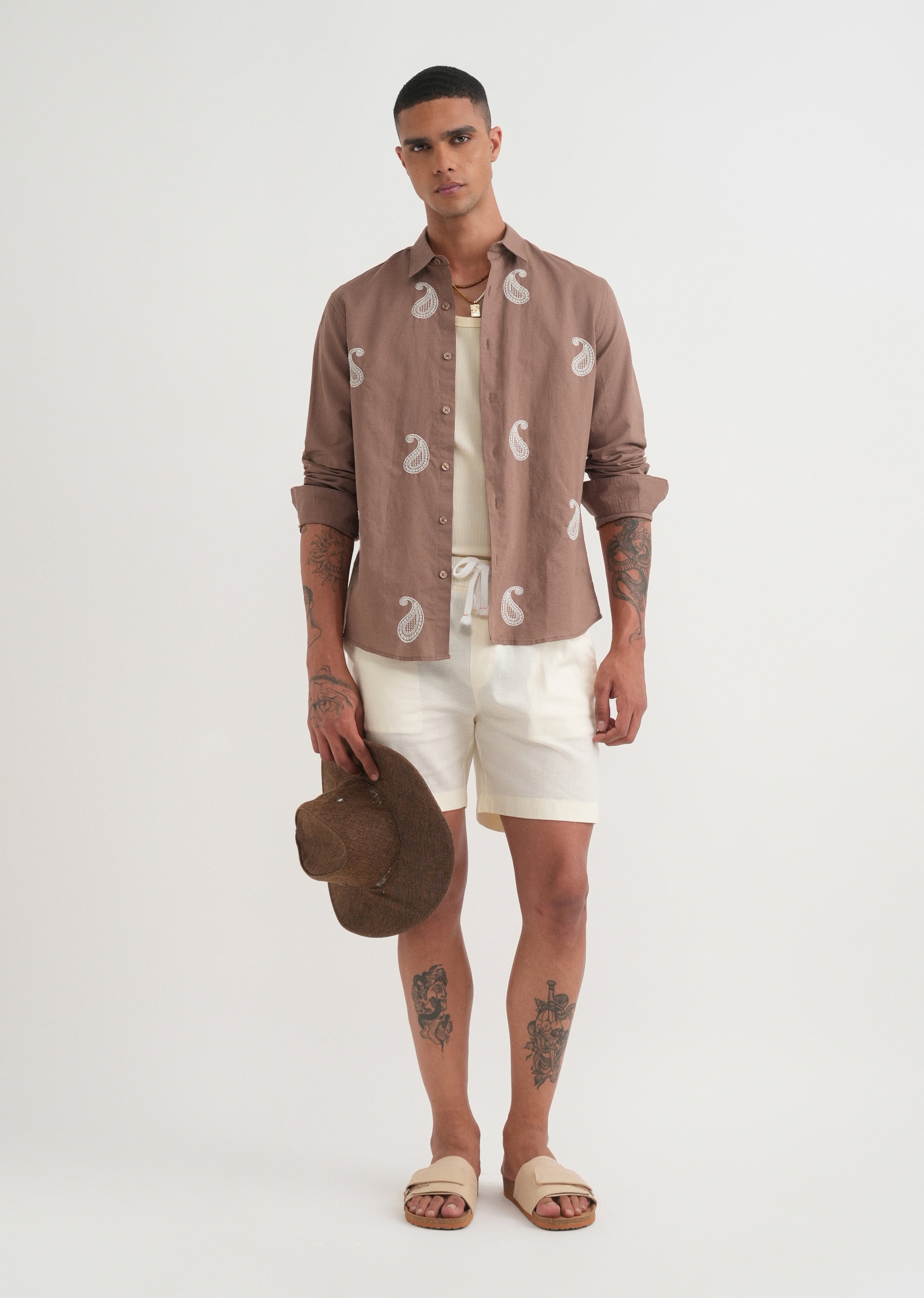 Brown Paisley Embroidery Shirt