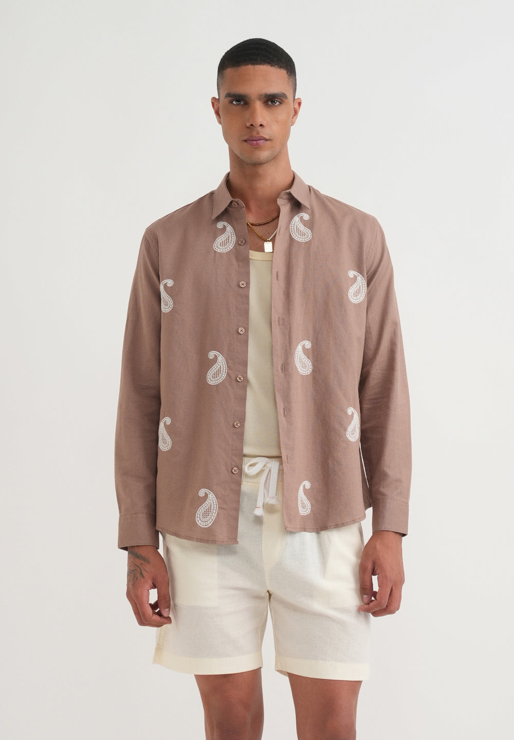 Brown Paisley Embroidery Shirt