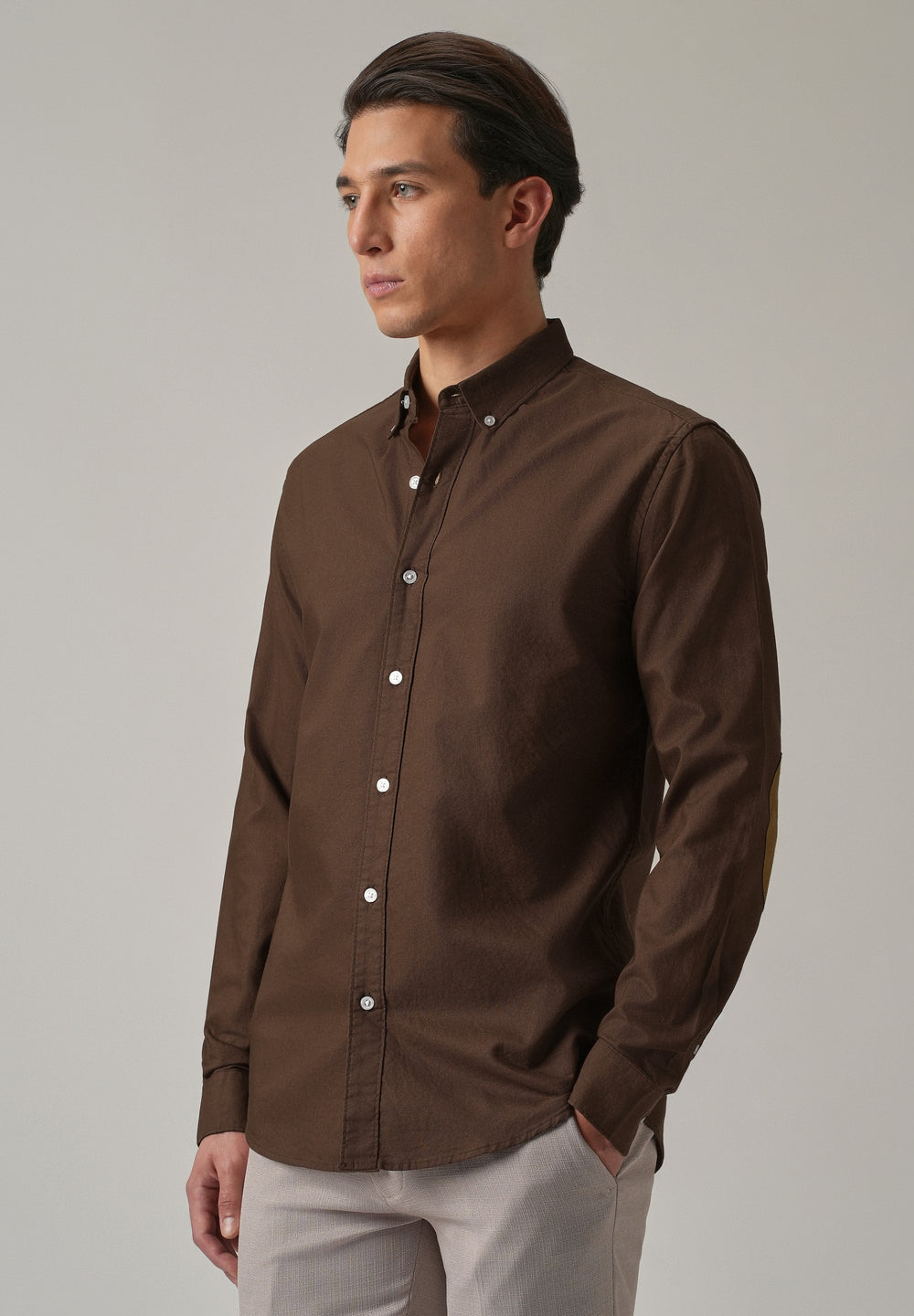 Brown Plain Elbow Patch Oxford Shirt