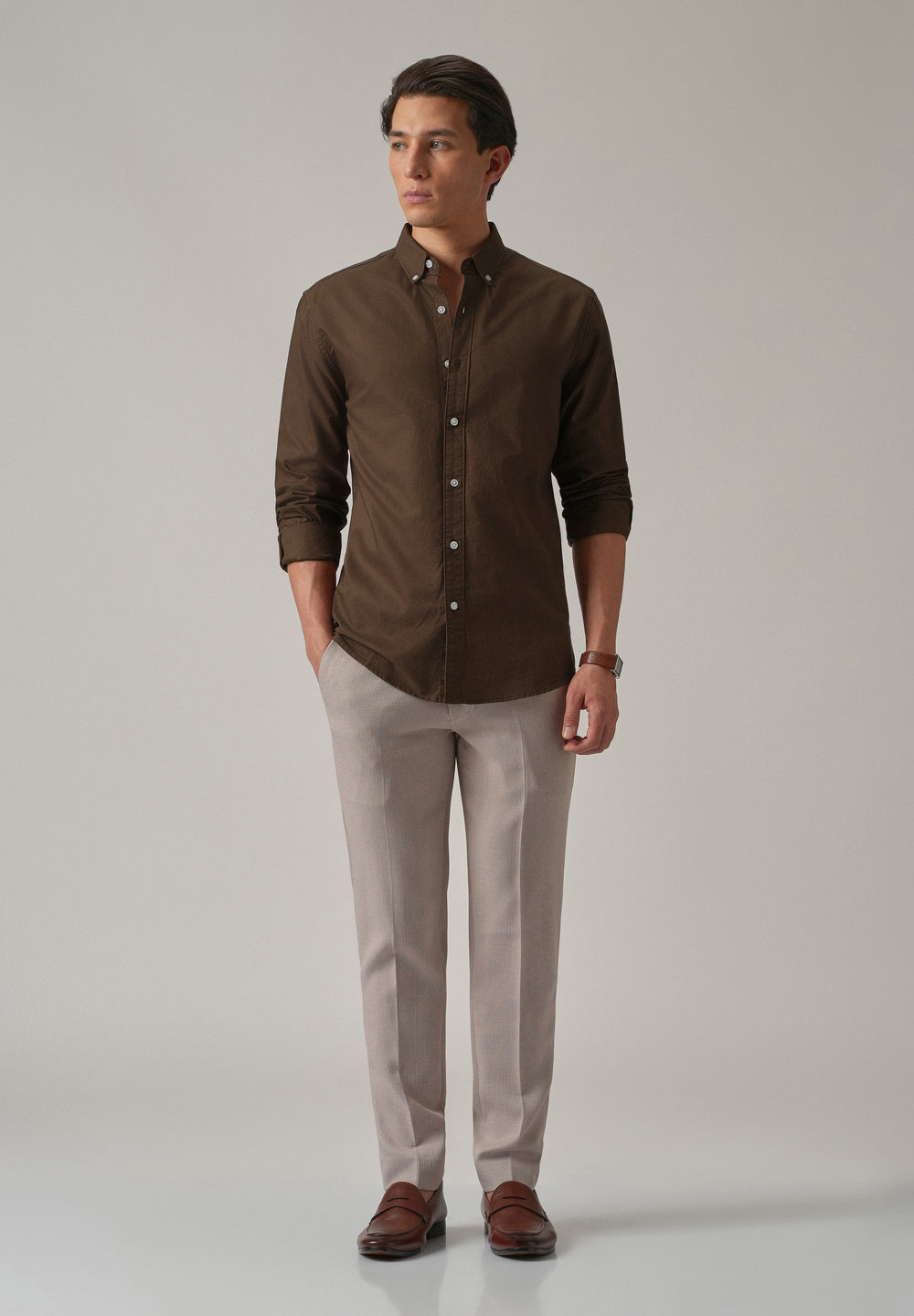 Brown Plain Elbow Patch Oxford Shirt