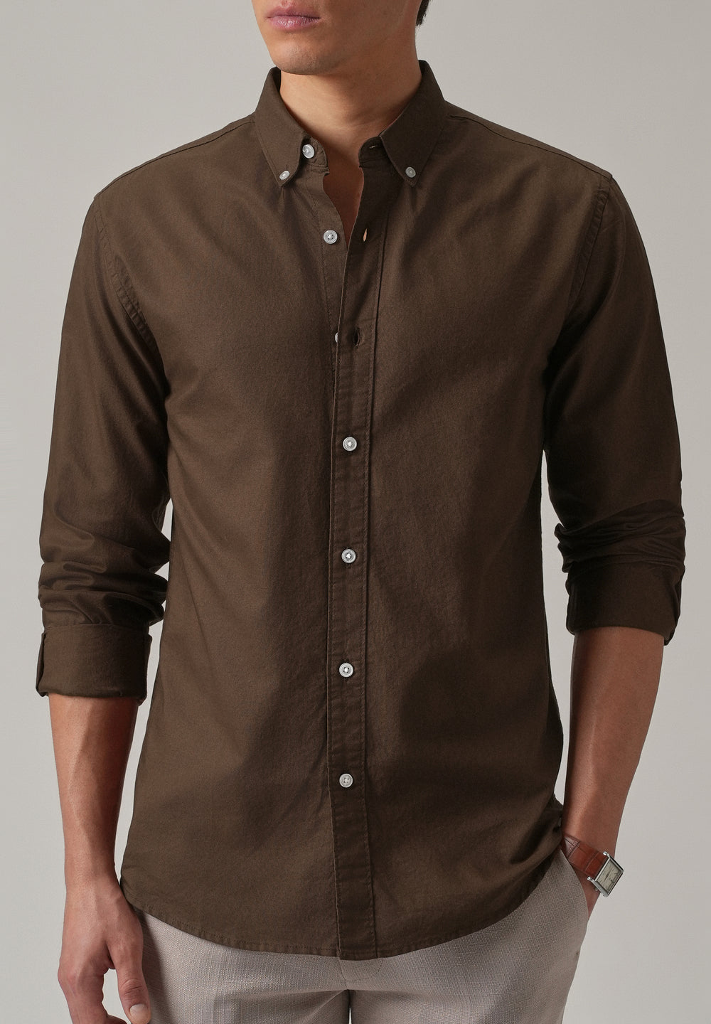 Brown Plain Elbow Patch Oxford Shirt