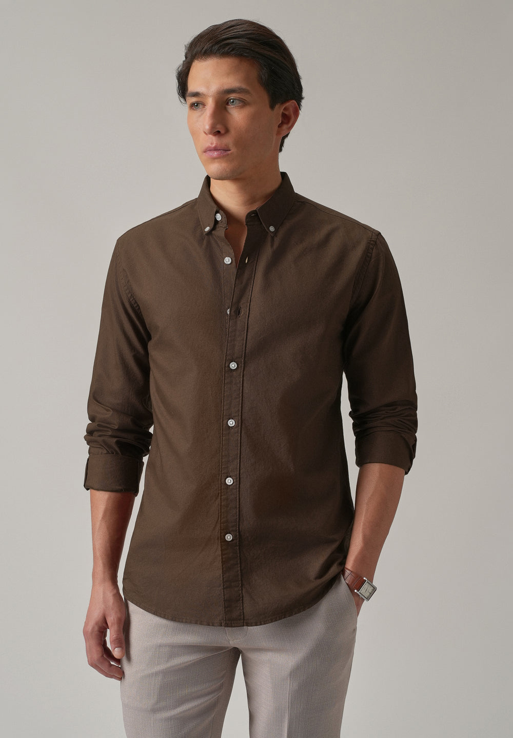 Brown Plain Elbow Patch Oxford Shirt