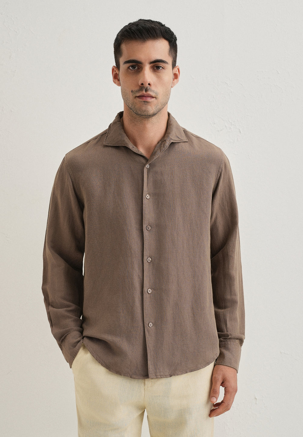 Brown Plain Linen Viscose Shirt