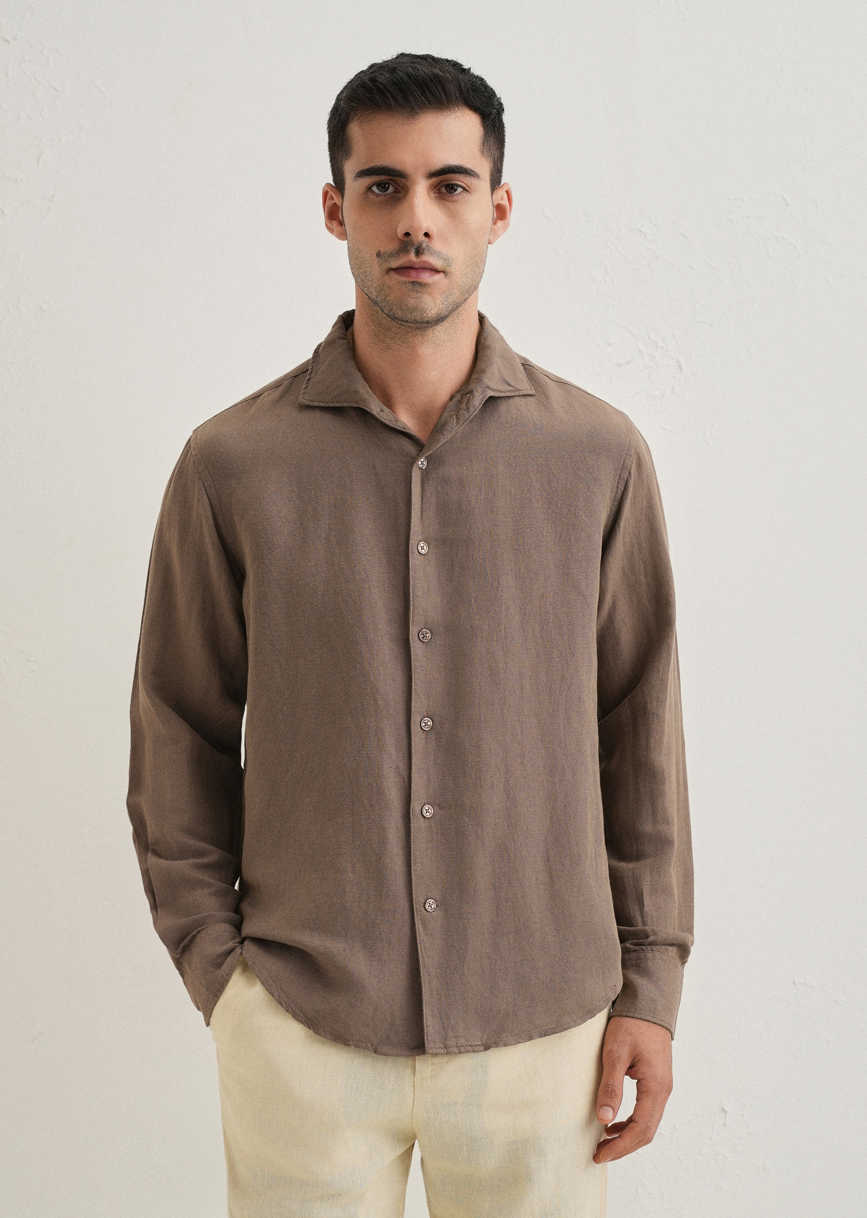 Brown Plain Linen Viscose Shirt