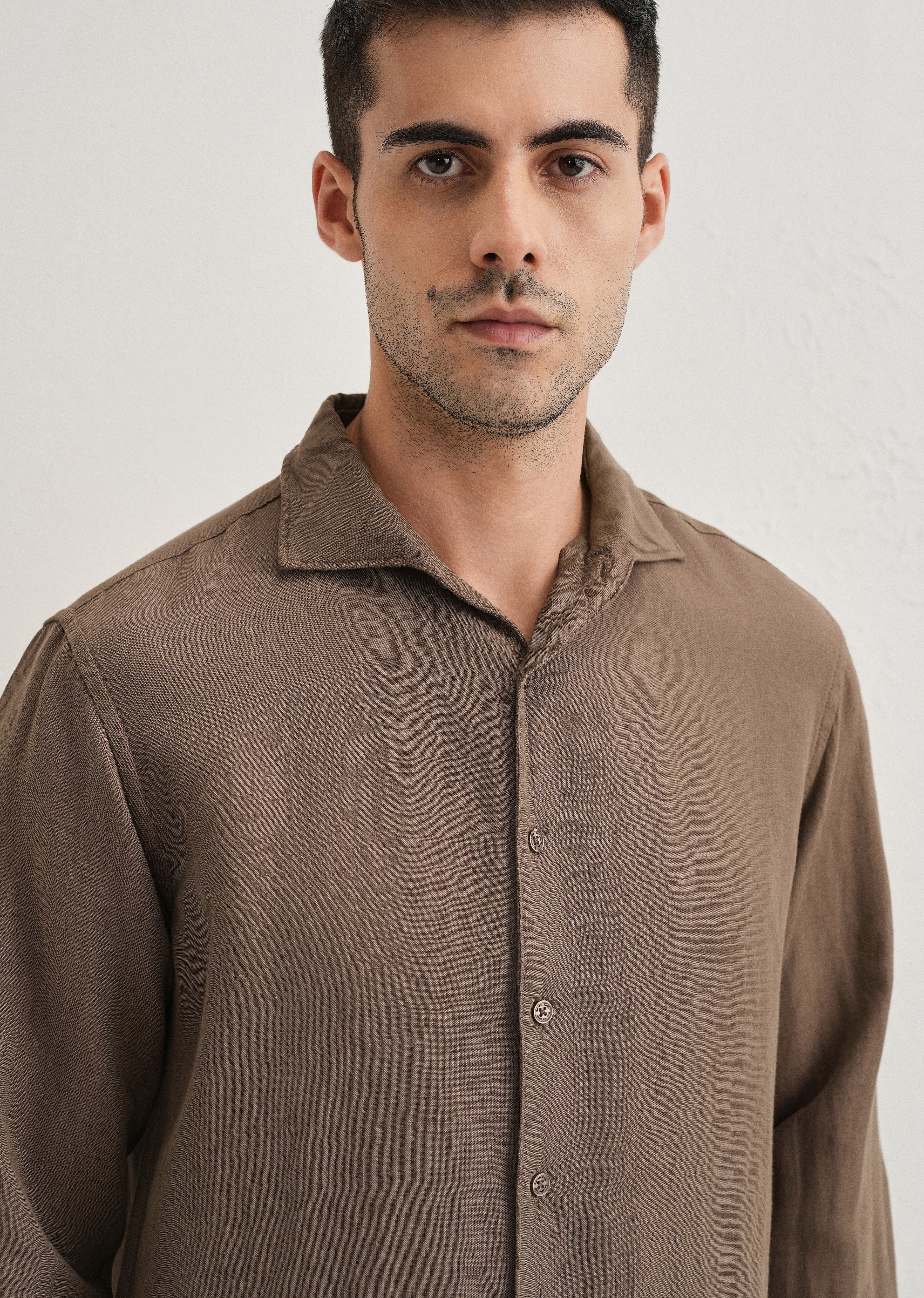 Brown Plain Linen Viscose Shirt