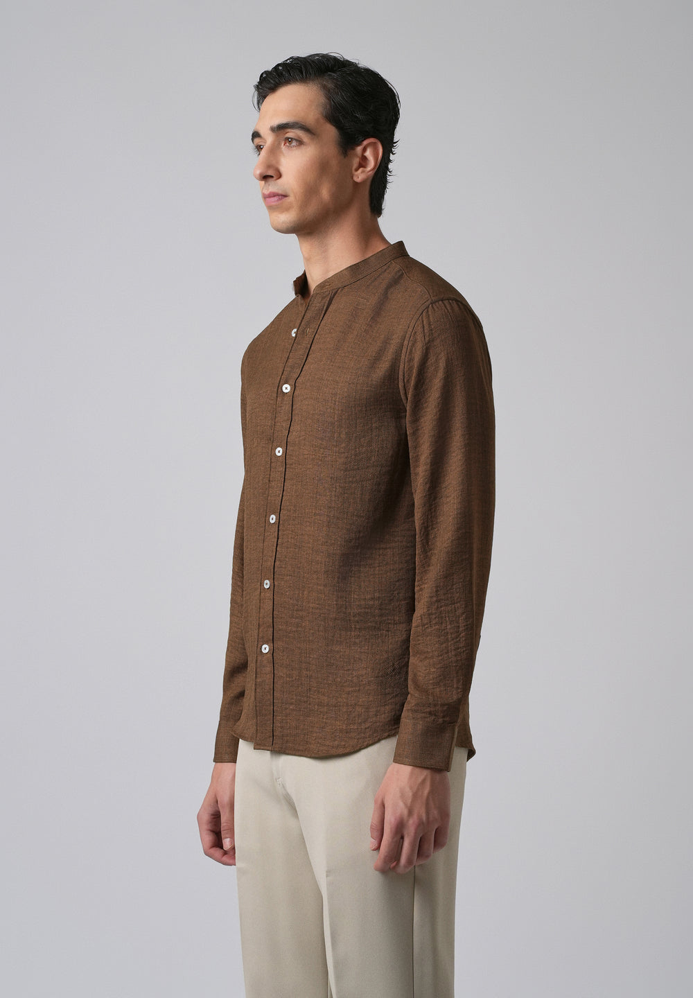 Brown Plain Mandarin Collar Shirt