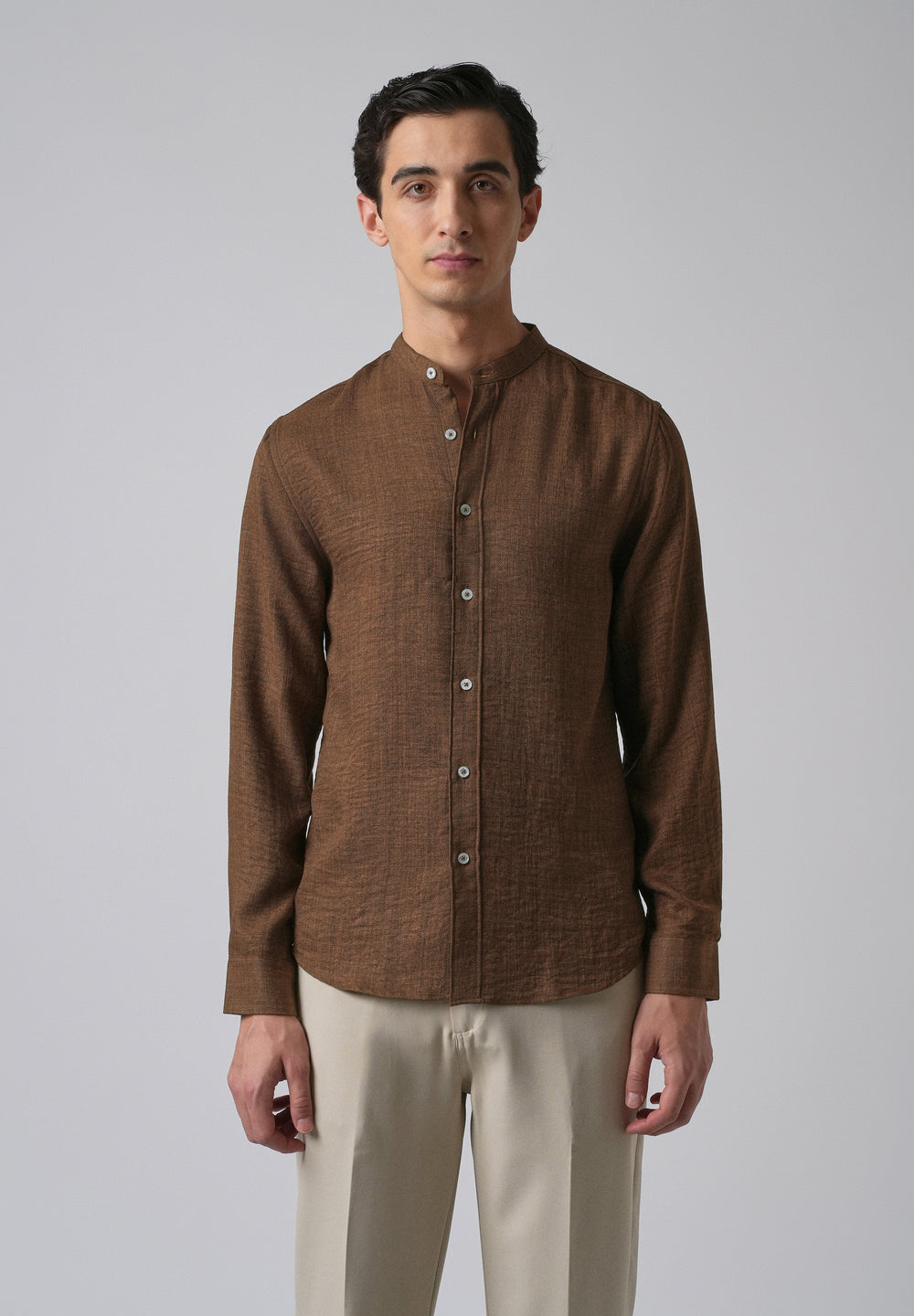 Brown Plain Mandarin Collar Shirt