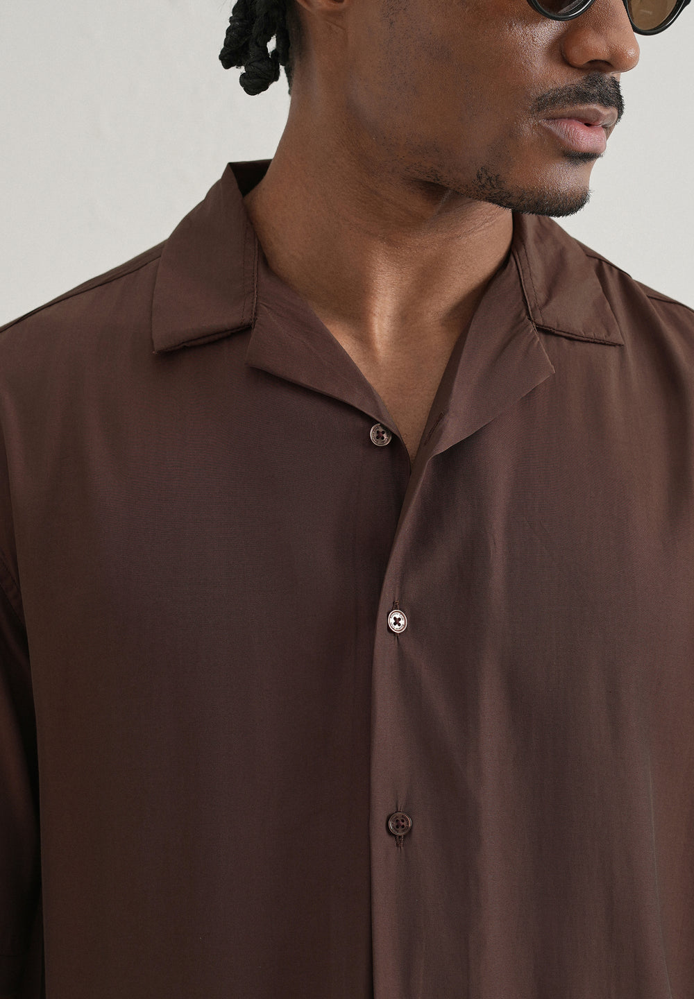 Brown Plain Sheen Cuban Collar Shirt