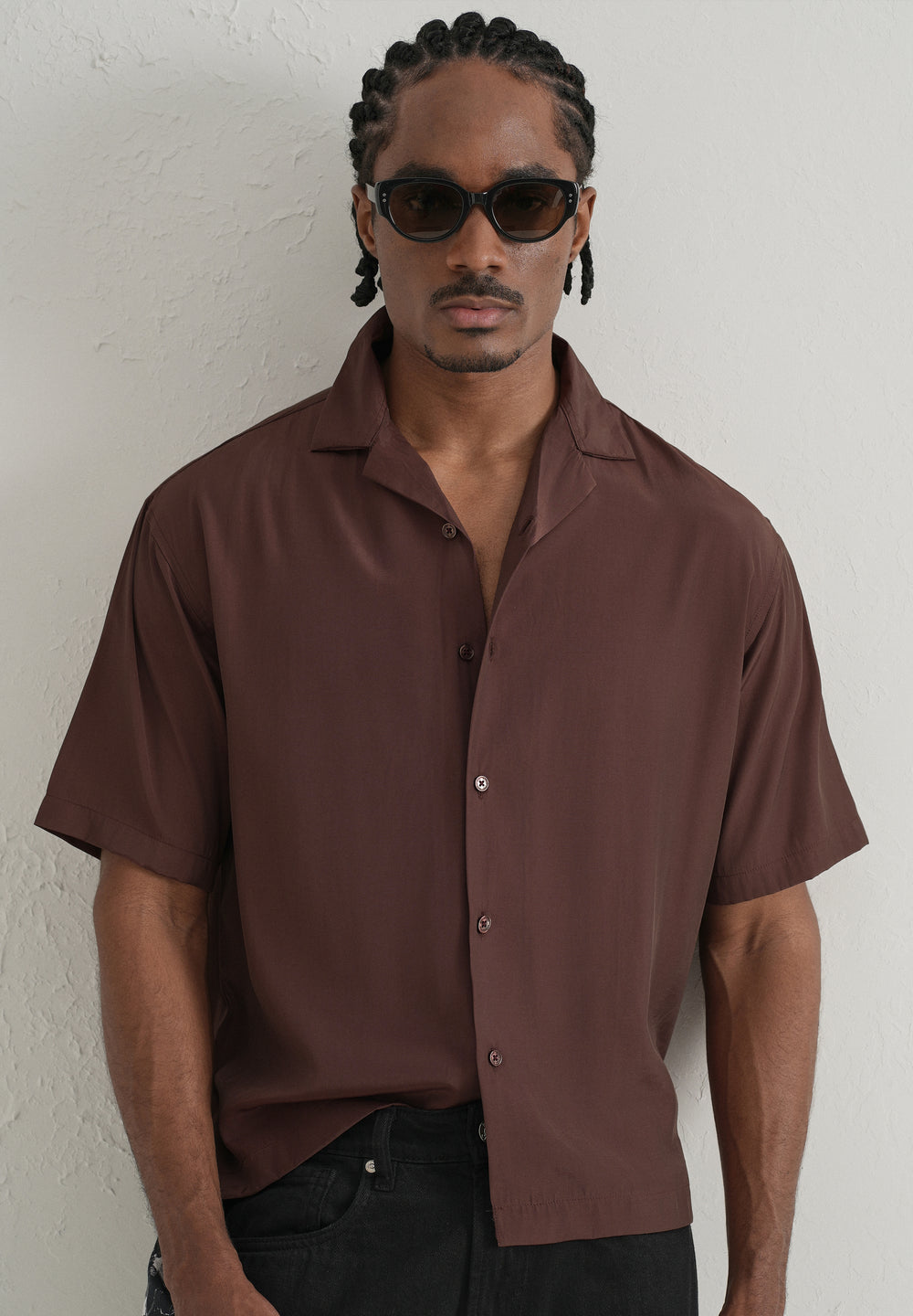 Brown Plain Sheen Cuban Collar Shirt