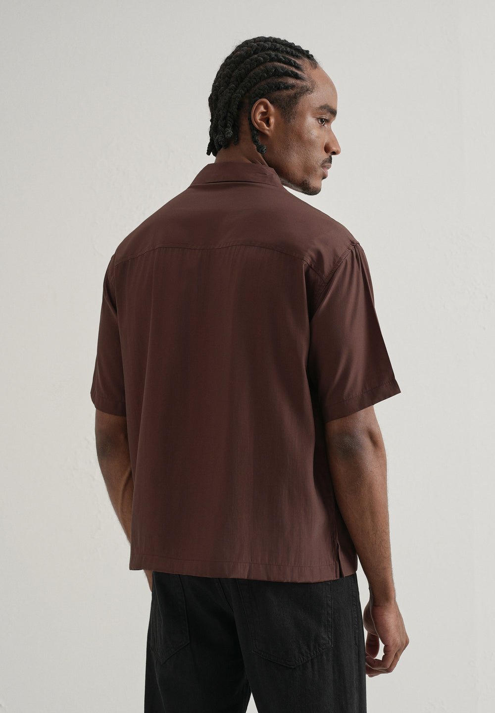 Brown Plain Sheen Cuban Collar Shirt