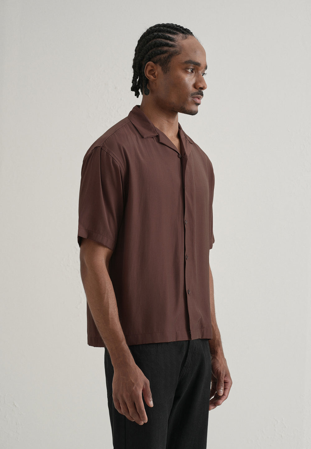 Brown Plain Sheen Cuban Collar Shirt