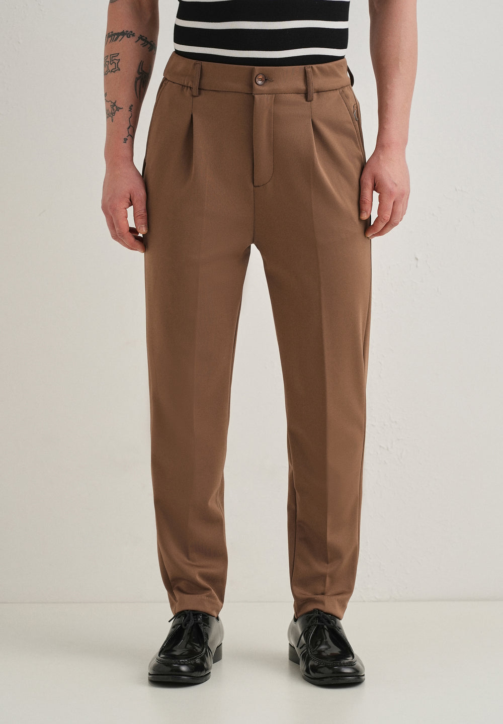 Brown Pleated Relaxed Fit Trousers