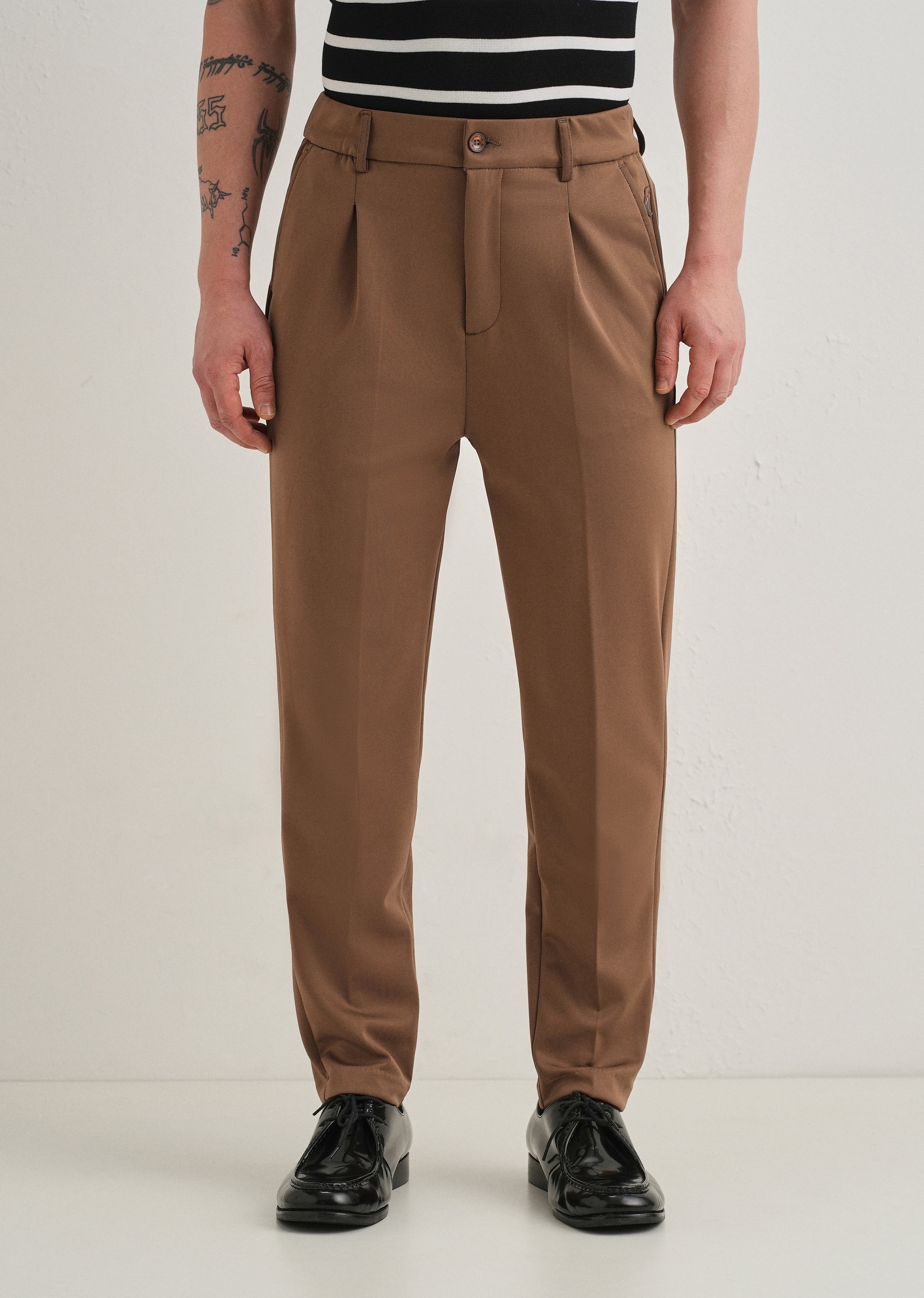Brown Pleated Relaxed Fit Trousers