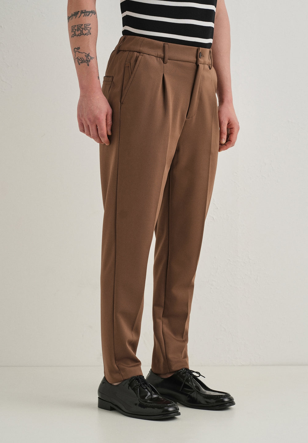 Brown Pleated Relaxed Fit Trousers