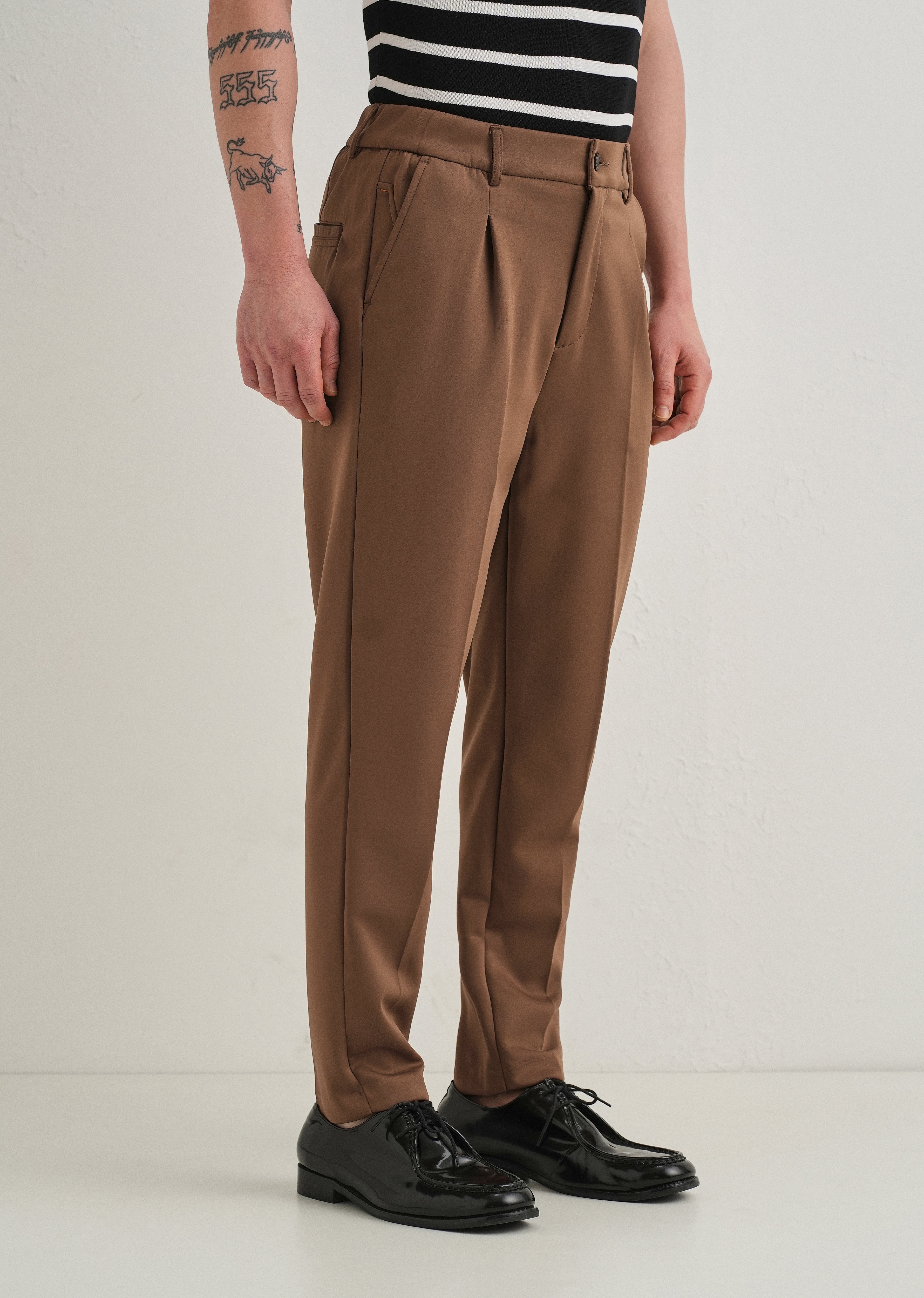 Brown Pleated Relaxed Fit Trousers