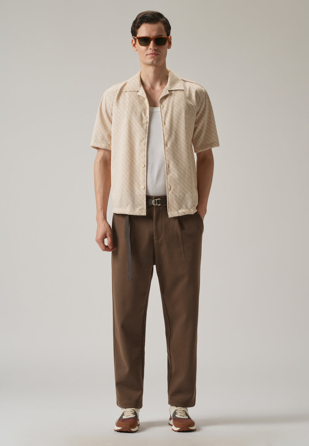 Brown Relaxed Fit Textured Pleated Pant