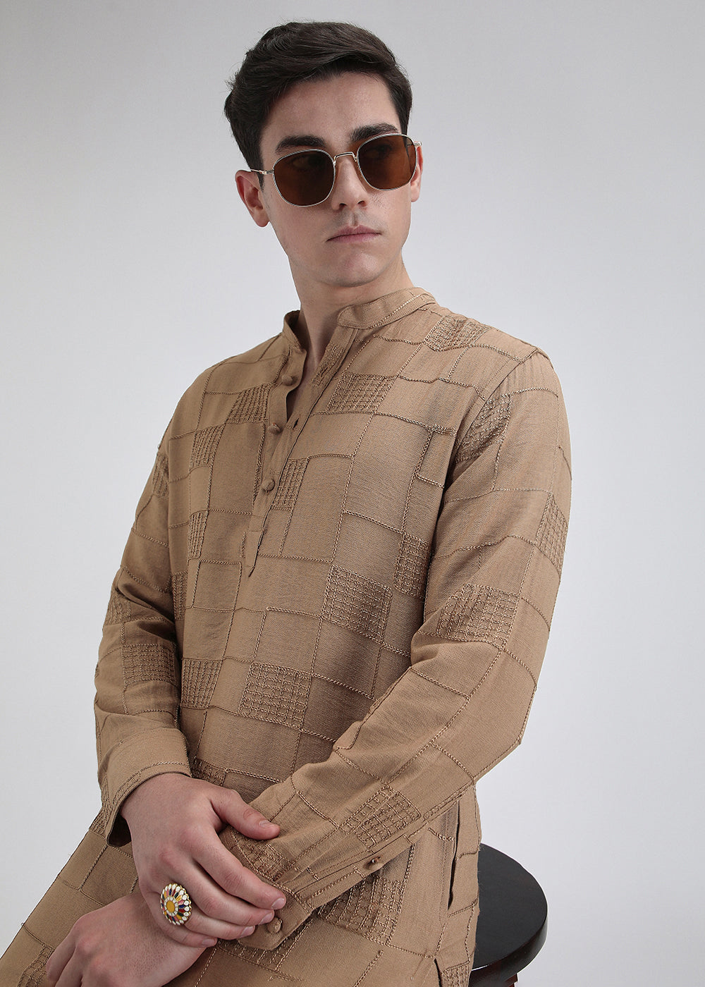 Brown Self Embroidered Kurta