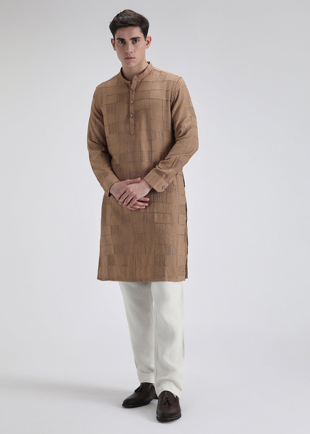 Brown Self Embroidered Kurta