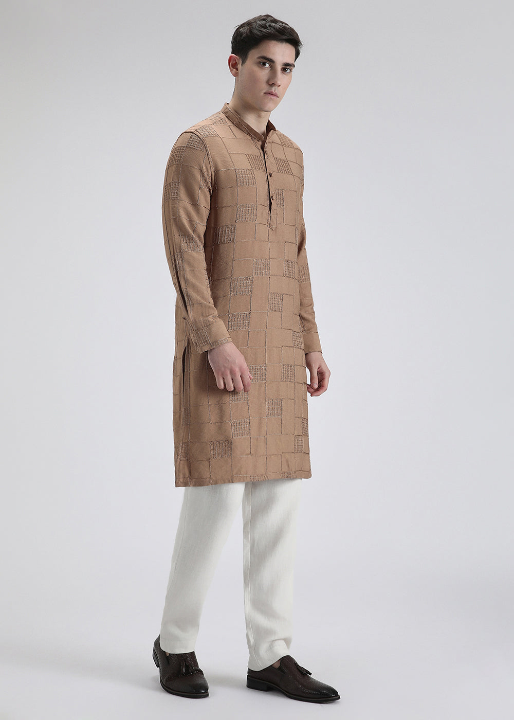 Brown Self Embroidered Kurta